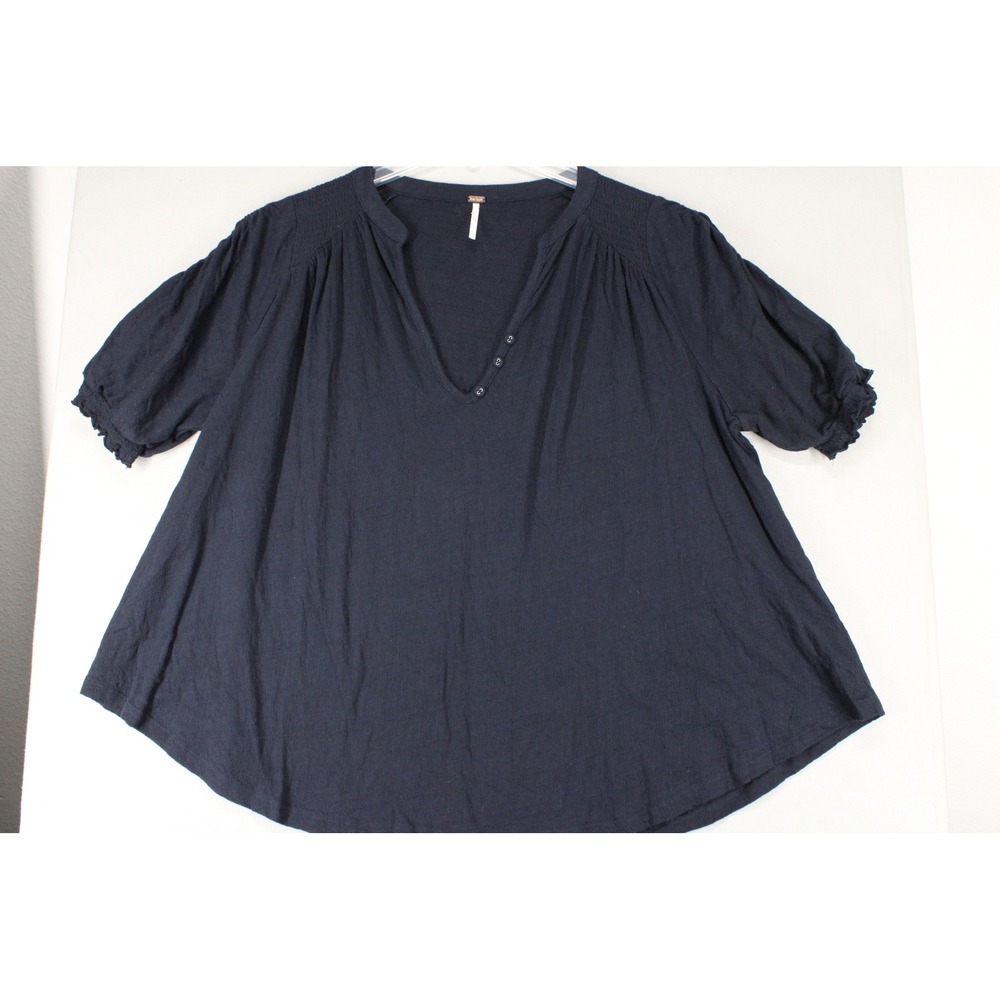 Free People Top V-Neck Short Sleeve Women M Navy Cotton Blend Boho Minimalist